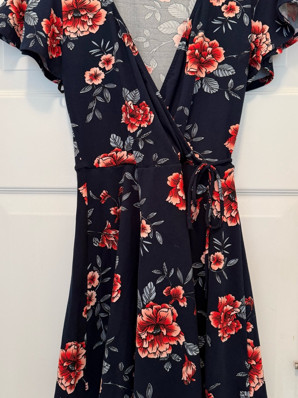 Navy Wrap Dress with Red/pink  Floral Print by BCX